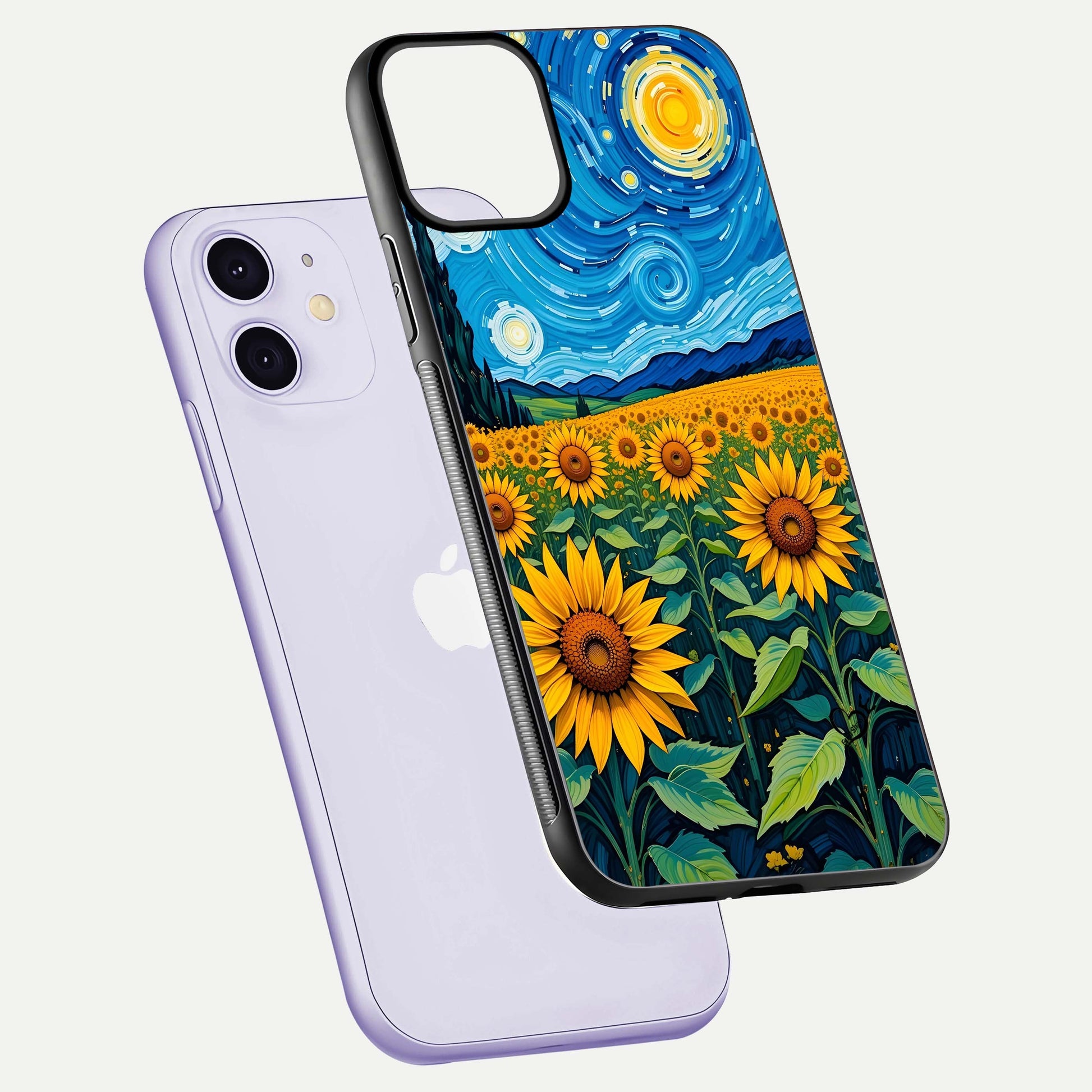 Starry Sunflower Dreams Glass Case for iPhone 11 floating dual-view mockup displaying gloss and vivid print