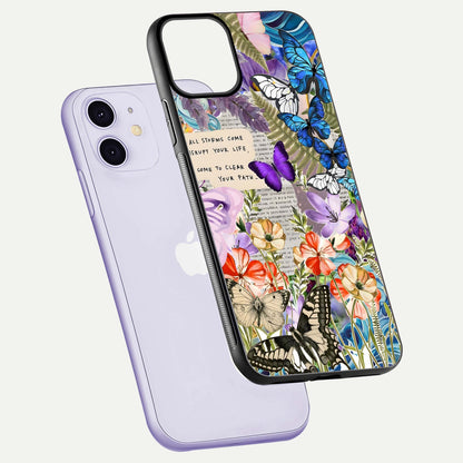 Storm Path Bloom Glass Case for iPhone 11 floating dual-view mockup displaying gloss and pattern depth