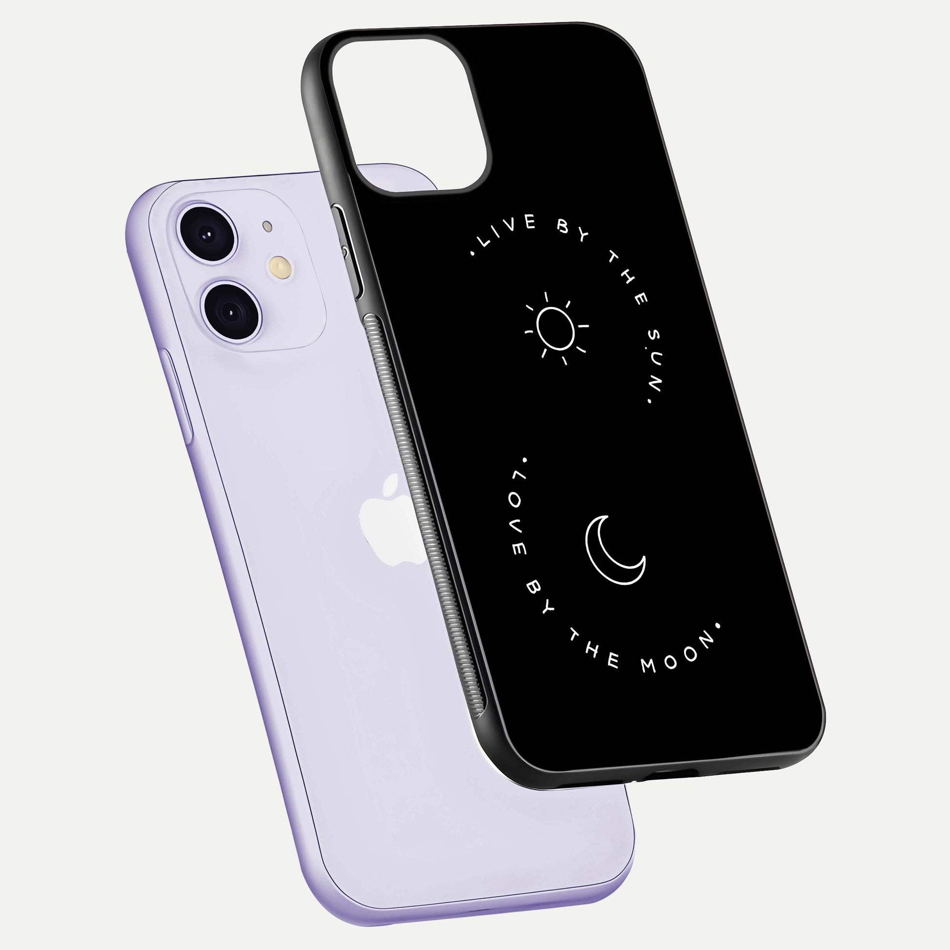 Sun Moon Balance Glass Case for iPhone 11 floating dual-view mockup displaying gloss surface and edge clarity