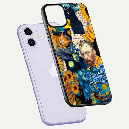 Sunflower Cat Art Glass Case for iPhone 11 floating dual-view mockup displaying gloss shine and HD art print
