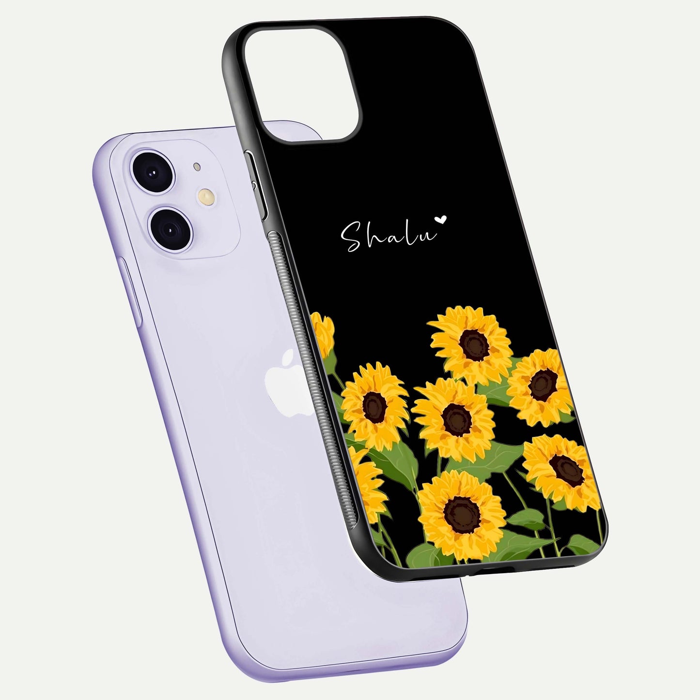 Sunflower Chic Mood Custom Name Glass Case for iPhone 16 Pro floating dual-view mockup displaying gloss texture and detail