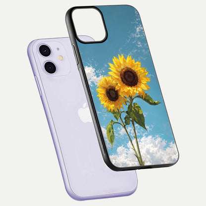 Sunflower Sky Bloom Glass Case for iPhone 11 floating dual-view mockup displaying gloss shine and vibrant texture