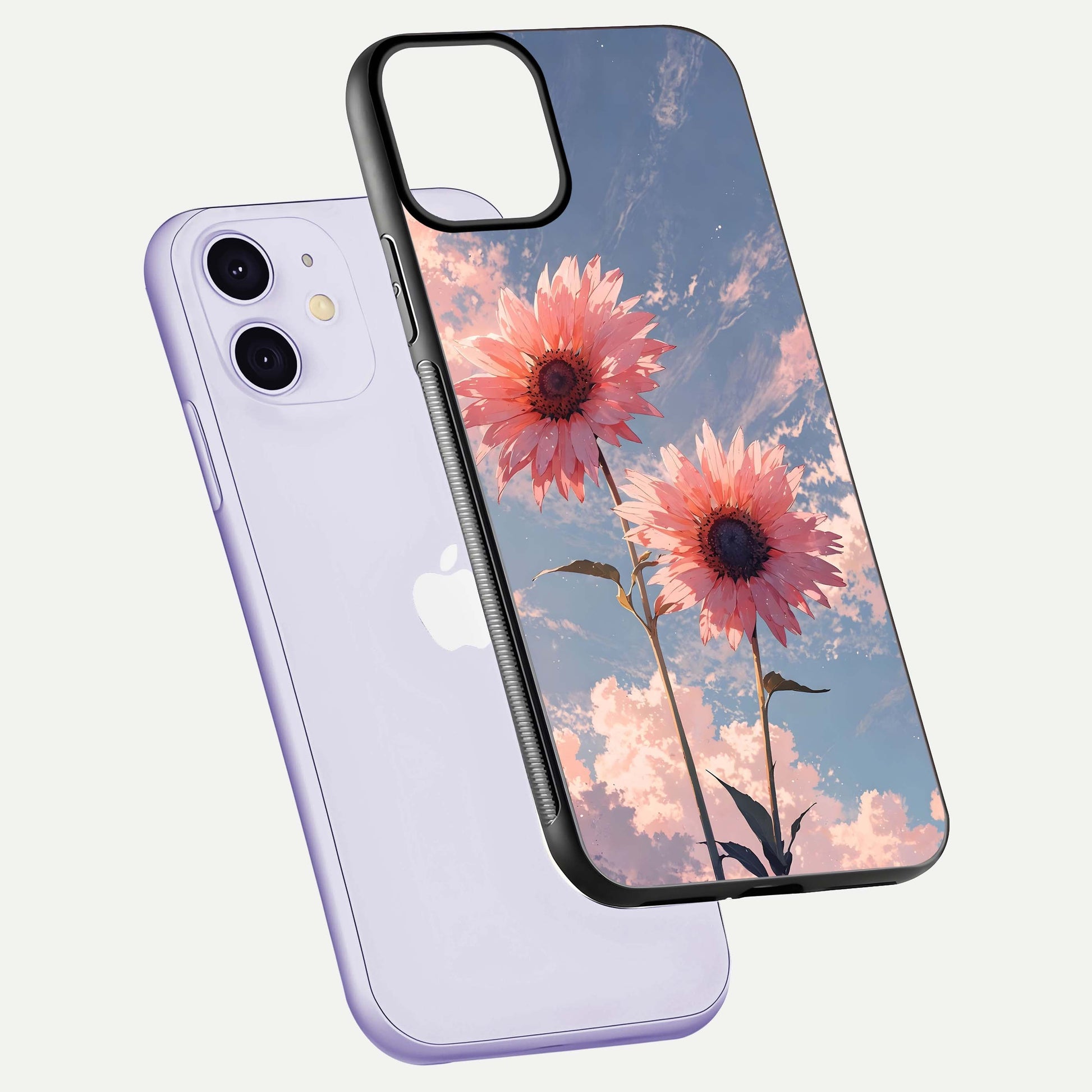 Sunlit Daisy Glow Glass Case for iPhone 11 floating dual-view mockup displaying gloss finish and HD print