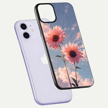 Sunlit Daisy Glow Glass Case for iPhone 11 floating dual-view mockup displaying gloss finish and HD print