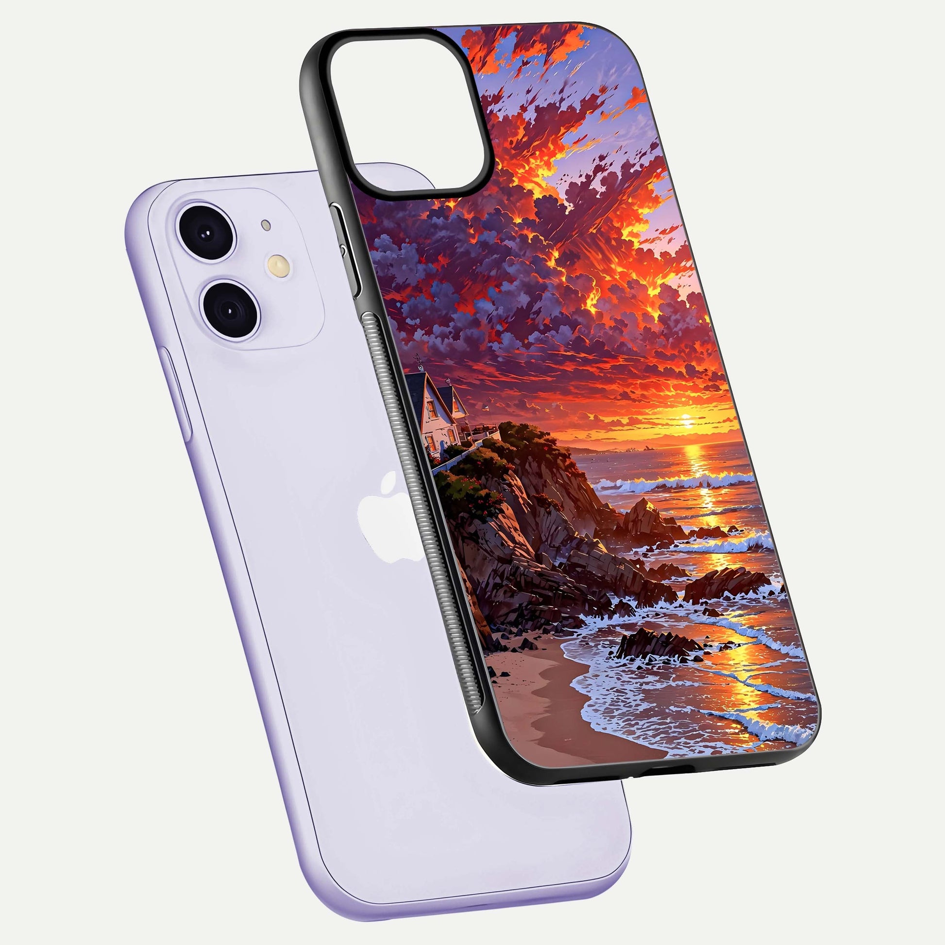Sunset House by Sea Glass Case for iPhone 11 floating dual-view mockup displaying gloss shine and depth