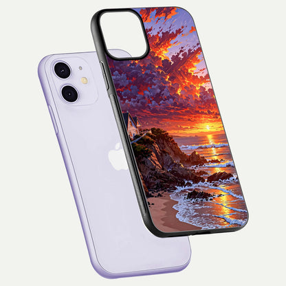 Sunset House by Sea Glass Case for iPhone 11 floating dual-view mockup displaying gloss shine and depth