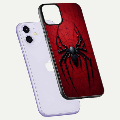 Venom Web Emblem Glass Case for iPhone 11 floating dual-view mockup displaying gloss shine and HD print