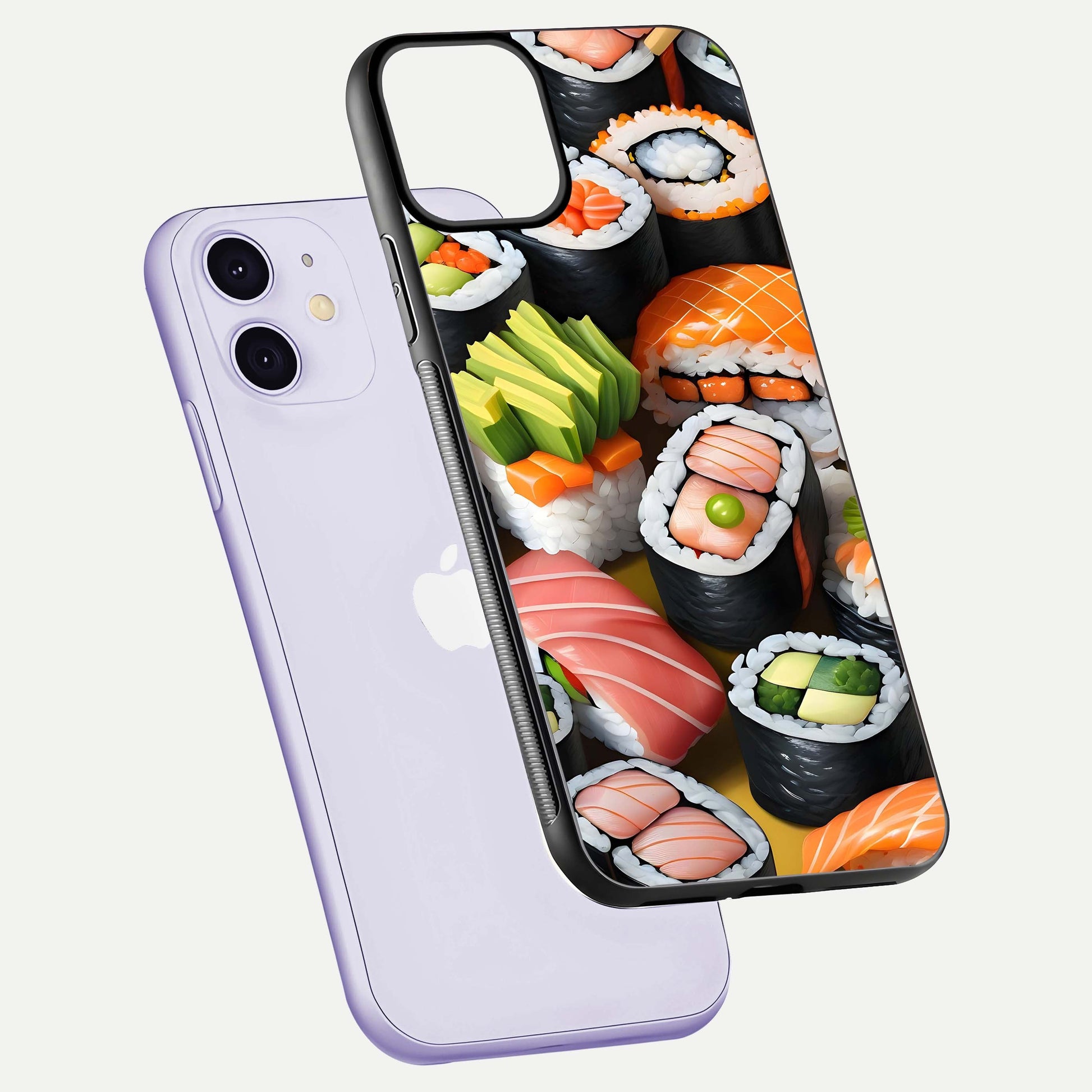 Sushi Food Pattern Glass Case for iPhone 11 floating dual-view mockup displaying gloss and HD pattern