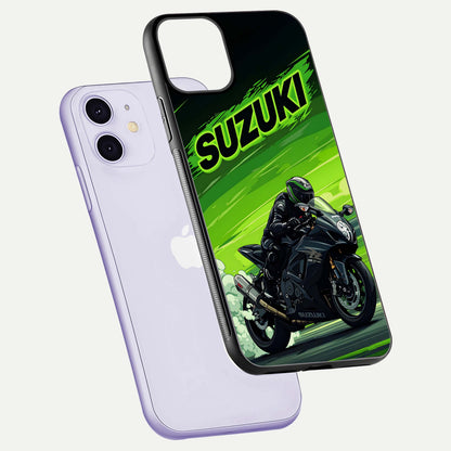 Suzuki Speed Beast Glass Case for iPhone 11 floating dual-view mockup displaying gloss texture and shine
