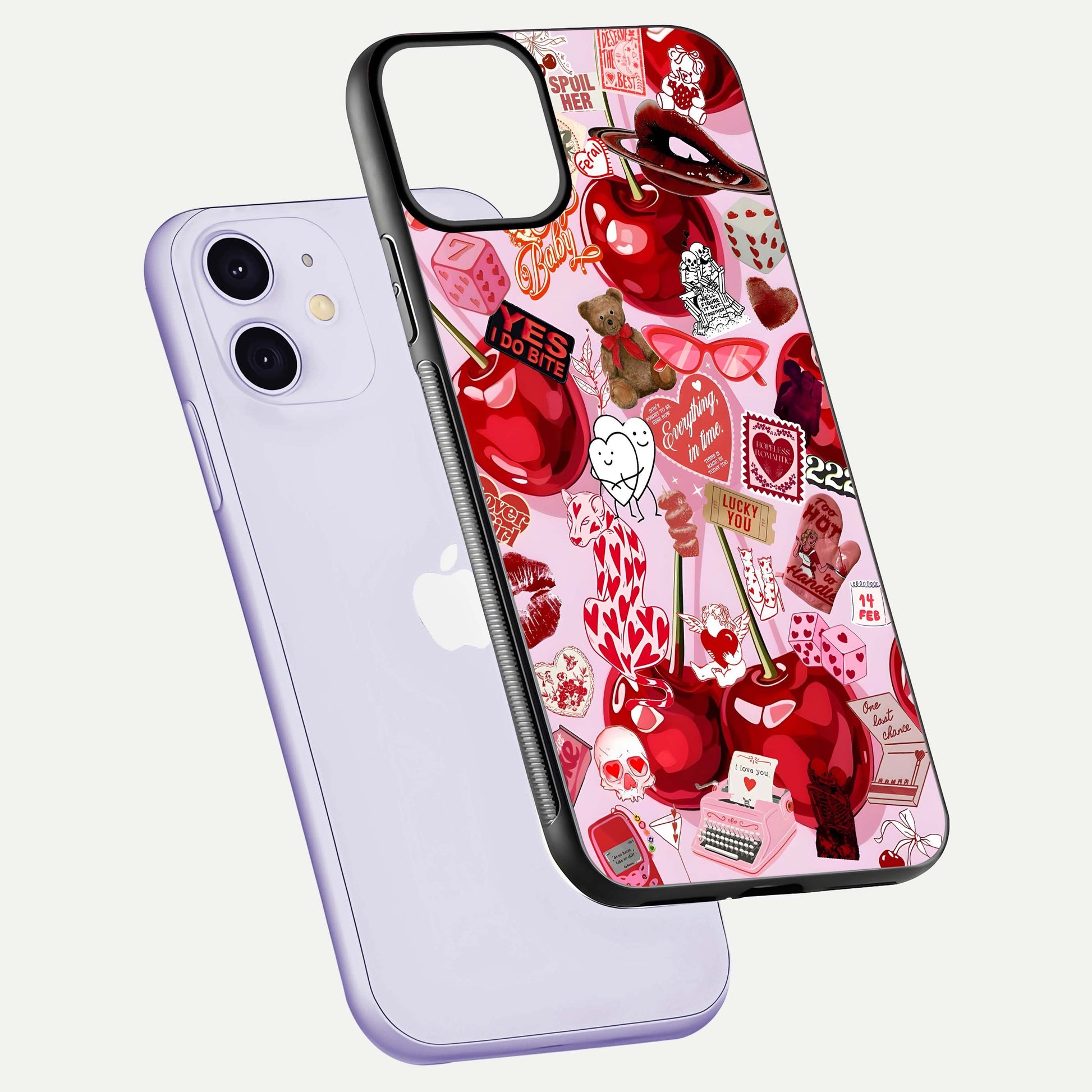 Sweet Cherry Chaos Glass Case for iPhone 11 floating dual-view mockup displaying gloss surface and depth