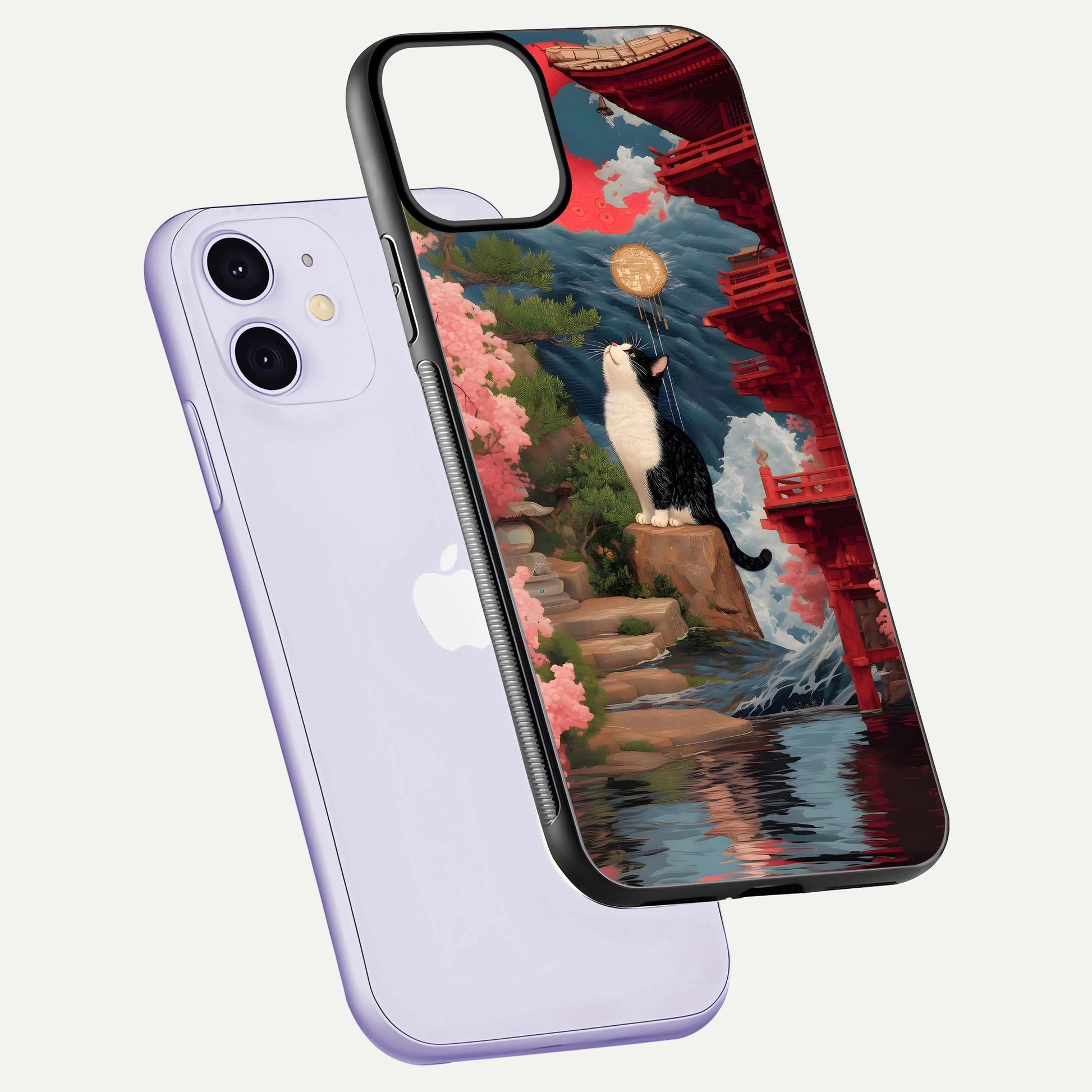 Temple Cat Scenery Glass Case for iPhone 11 floating dual-view mockup displaying gloss and depth detail