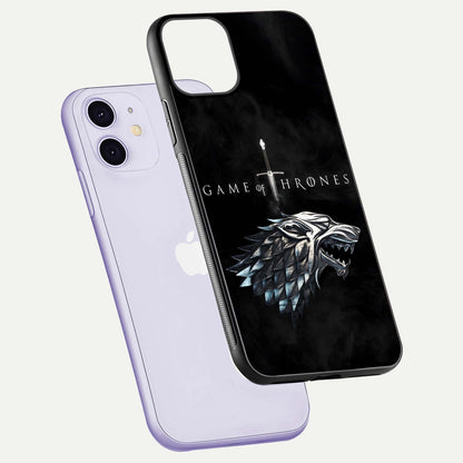 Throne Wolf Legacy Glass Case for iPhone 11 floating dual-view mockup displaying gloss depth and wolf artwork