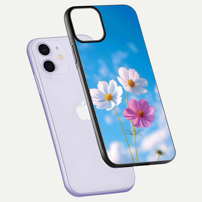 Triple Flowers With Sky Glass Case for iPhone 11 floating dual-view mockup displaying gloss and soft hues