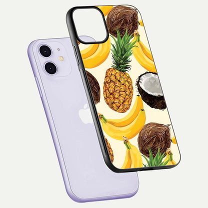 Tropical Fruit Mood Glass Case for iPhone 11 floating dual-view mockup displaying gloss and vibrant colors