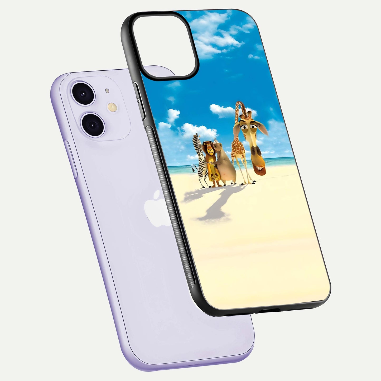 Tropical Fun Squad Glass Case for iPhone 11 floating dual-view mockup displaying gloss reflection and contrast