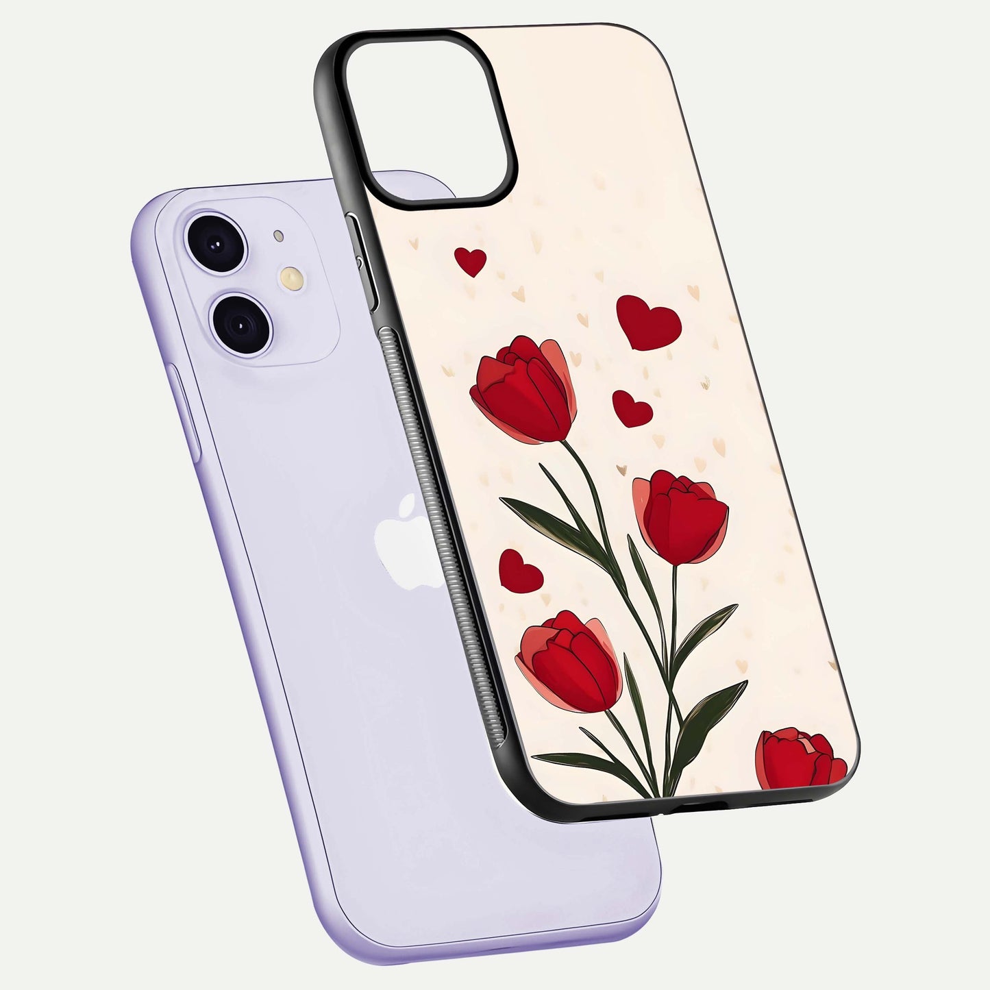 Tulip With Heart Glass Case for iPhone 11 floating dual-view mockup displaying gloss texture and shine