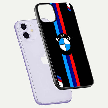 Turbo BMW Beast Glass Case for iPhone 11 floating dual-view mockup displaying gloss texture and vivid print