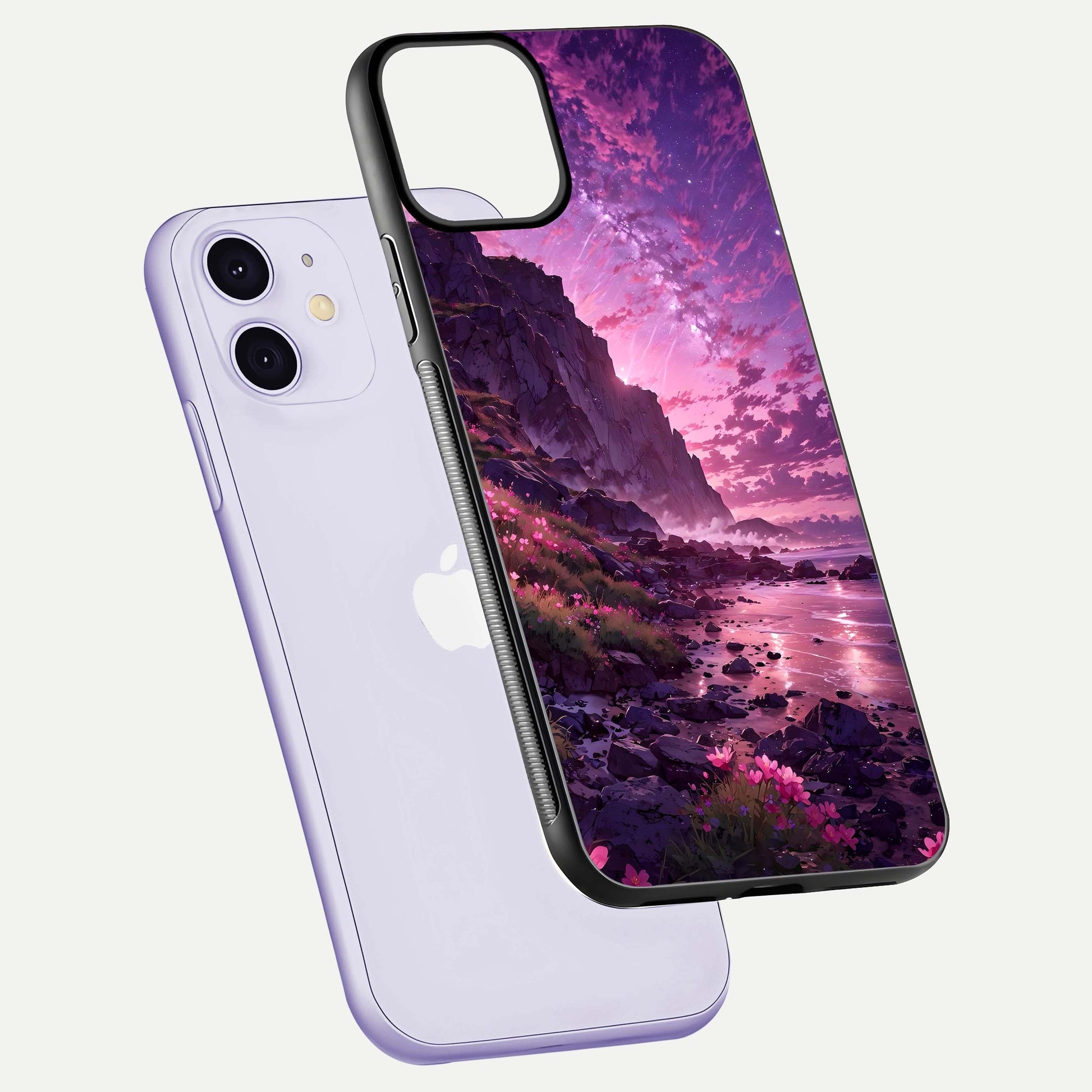 Twilight Blossom Coast Glass Case for iPhone 11 floating dual-view mockup displaying gloss surface and detail