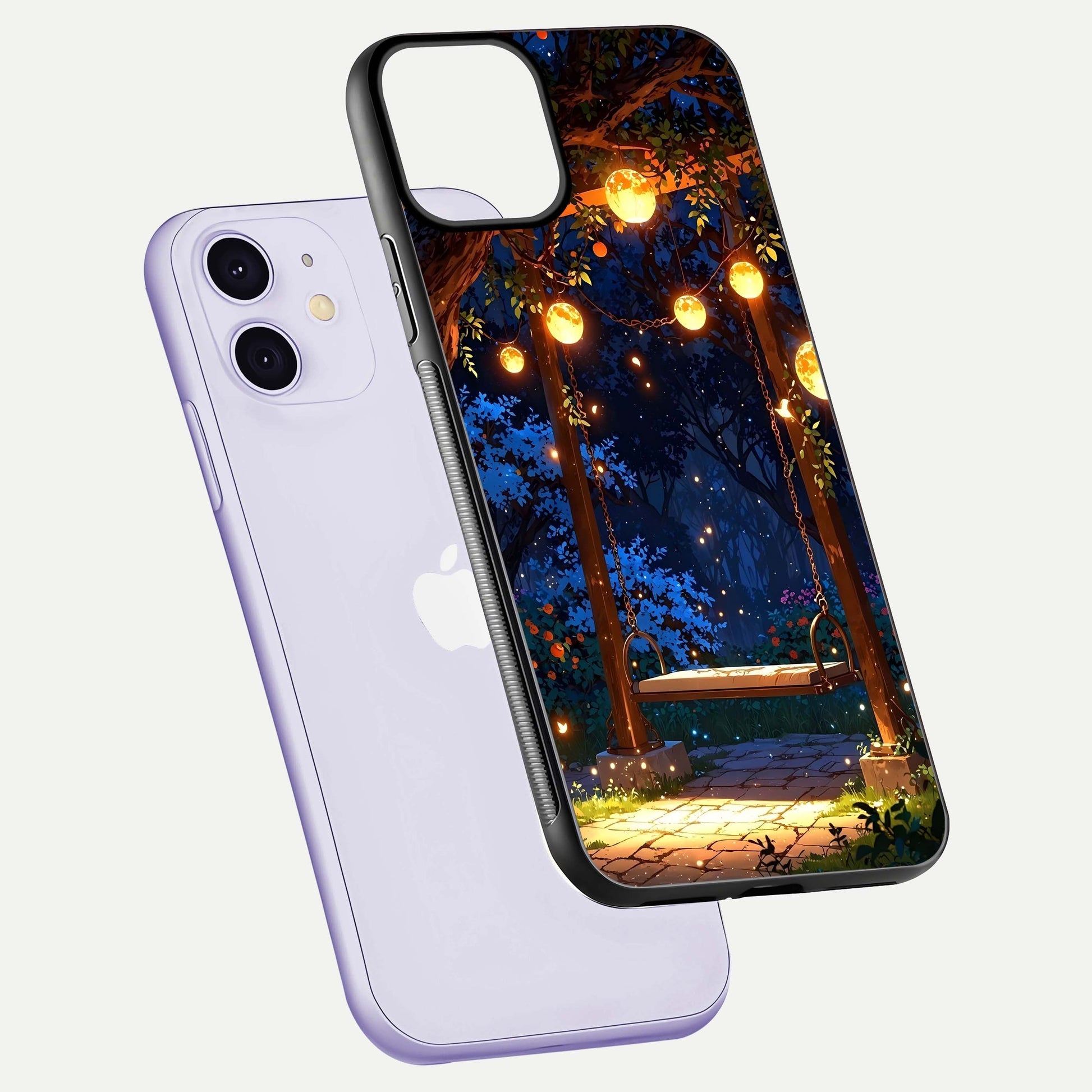 Twilight Garden Swing Glass Case for iPhone 11 floating dual-view mockup displaying gloss and tone balance