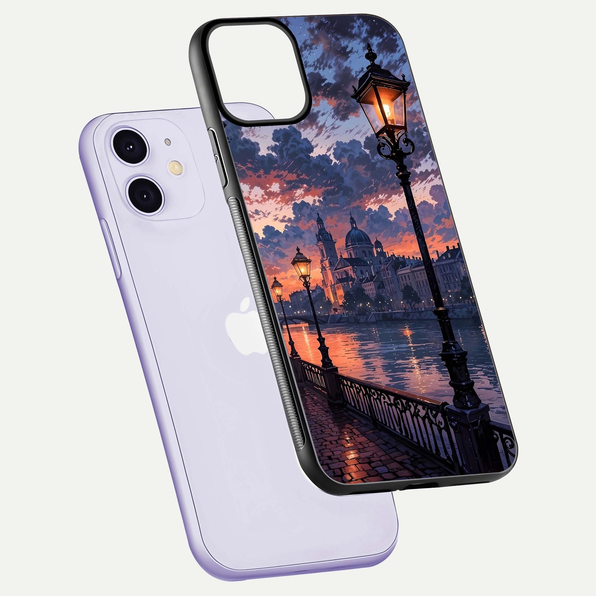 Twilight River Lights Glass Case for iPhone 11 floating dual-view mockup displaying gloss shine and vivid details