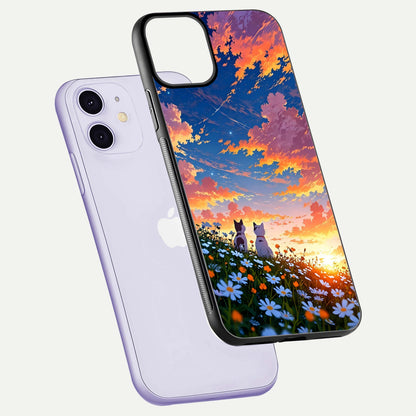 Two Cats Friends Glass Case for iPhone 11 floating dual-view mockup displaying gloss surface and HD print