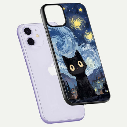 Van Gogh Cat Glass Case for iPhone 11 floating dual-view mockup displaying gloss shine and artistic texture