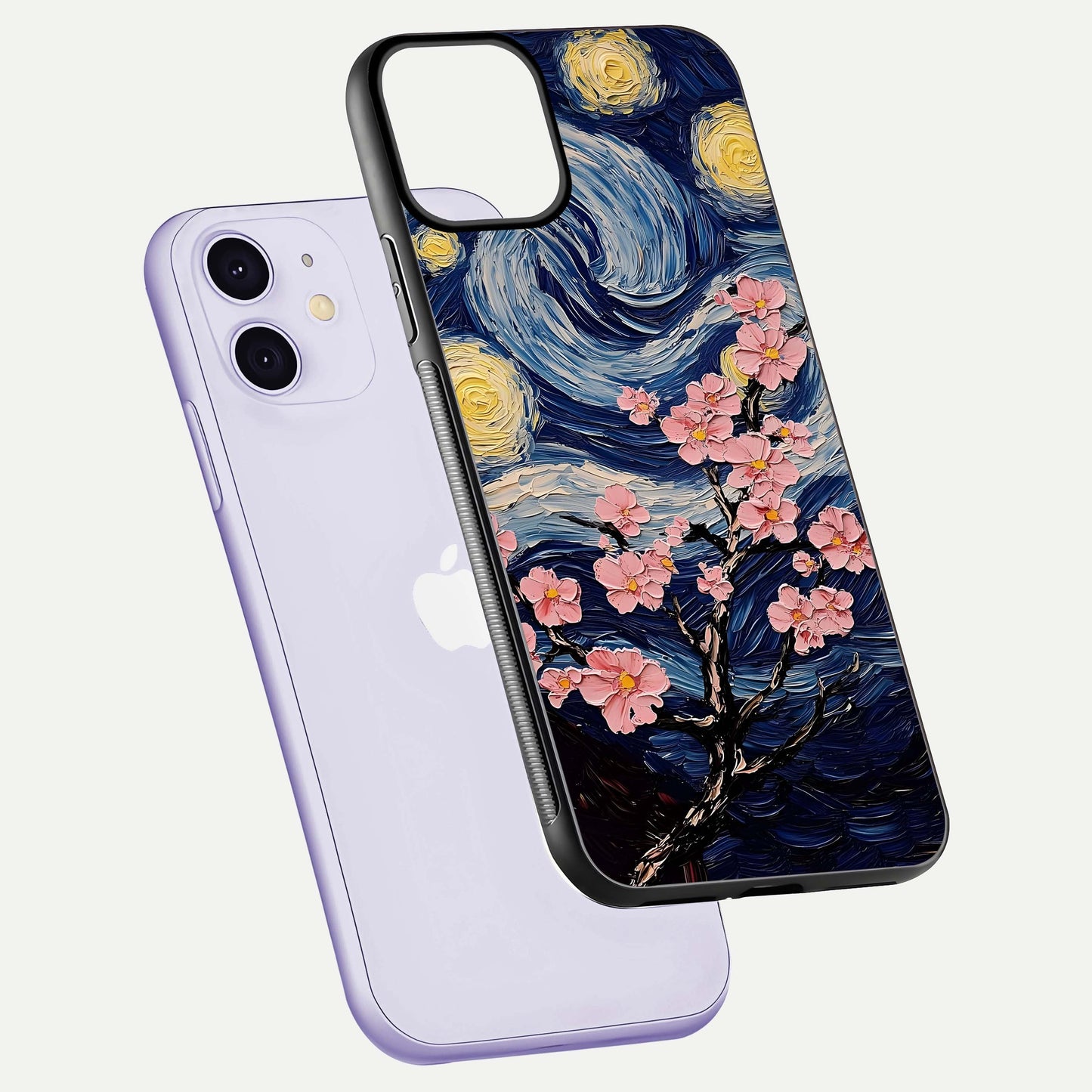 Van Gogh Scenery Glass Case for iPhone 11 floating dual-view mockup displaying gloss reflection and HD quality