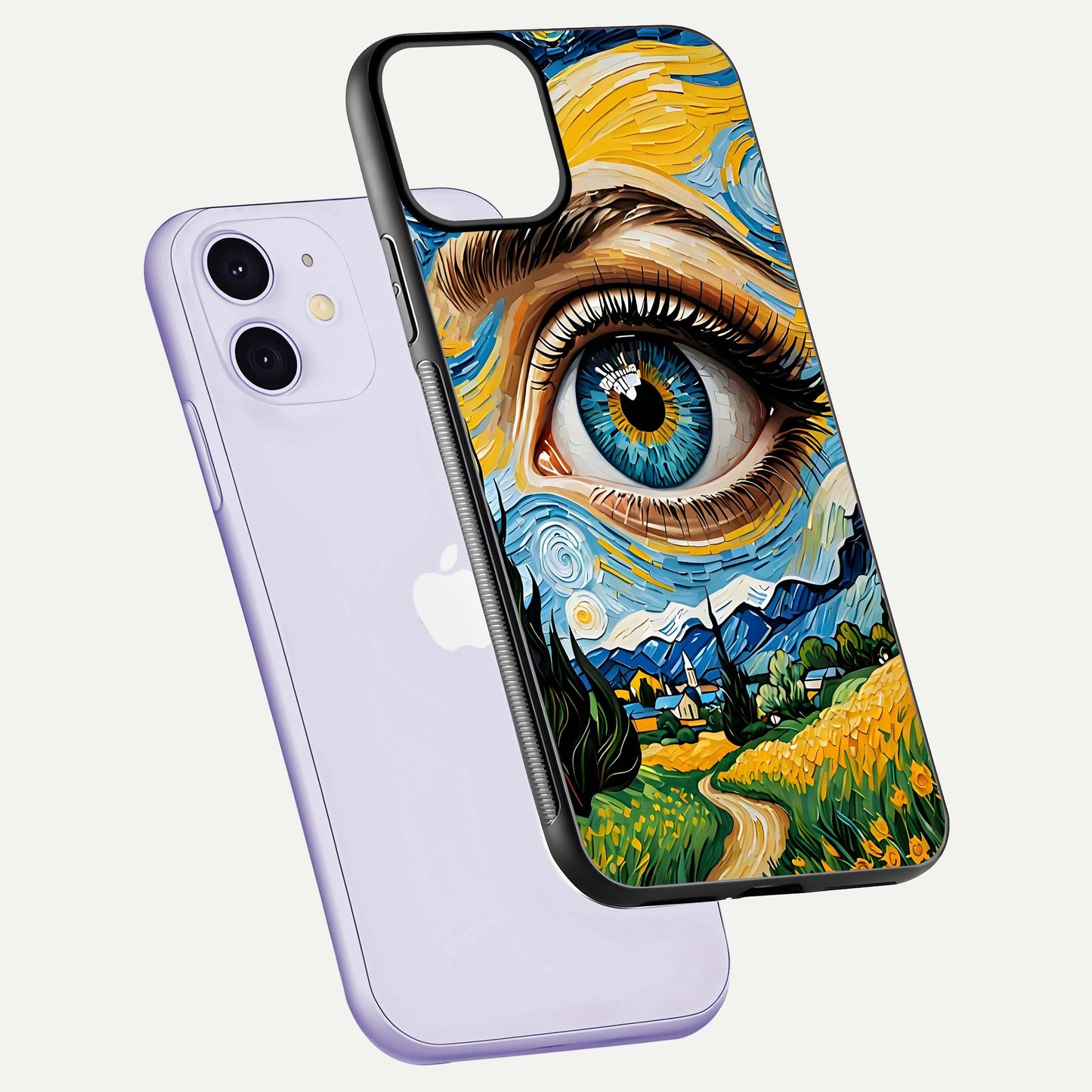 Van Gogh Eye Glass Case for iPhone 16 Pro floating dual-view mockup displaying gloss texture and depth