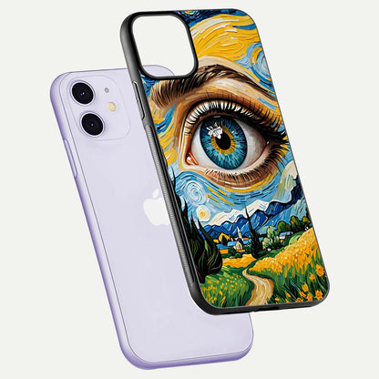 Van Gogh Eye Glass Case for iPhone 16 Pro floating dual-view mockup displaying gloss texture and depth