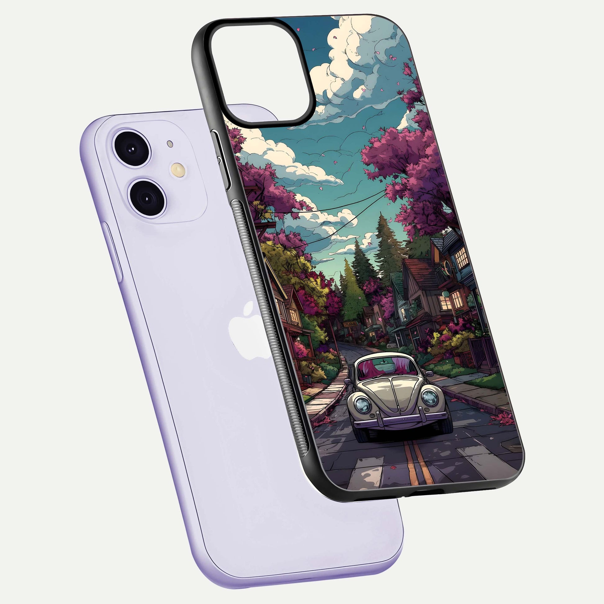 Vintage Street Drive Glass Case for iPhone 11 floating dual-view mockup displaying gloss shine and texture