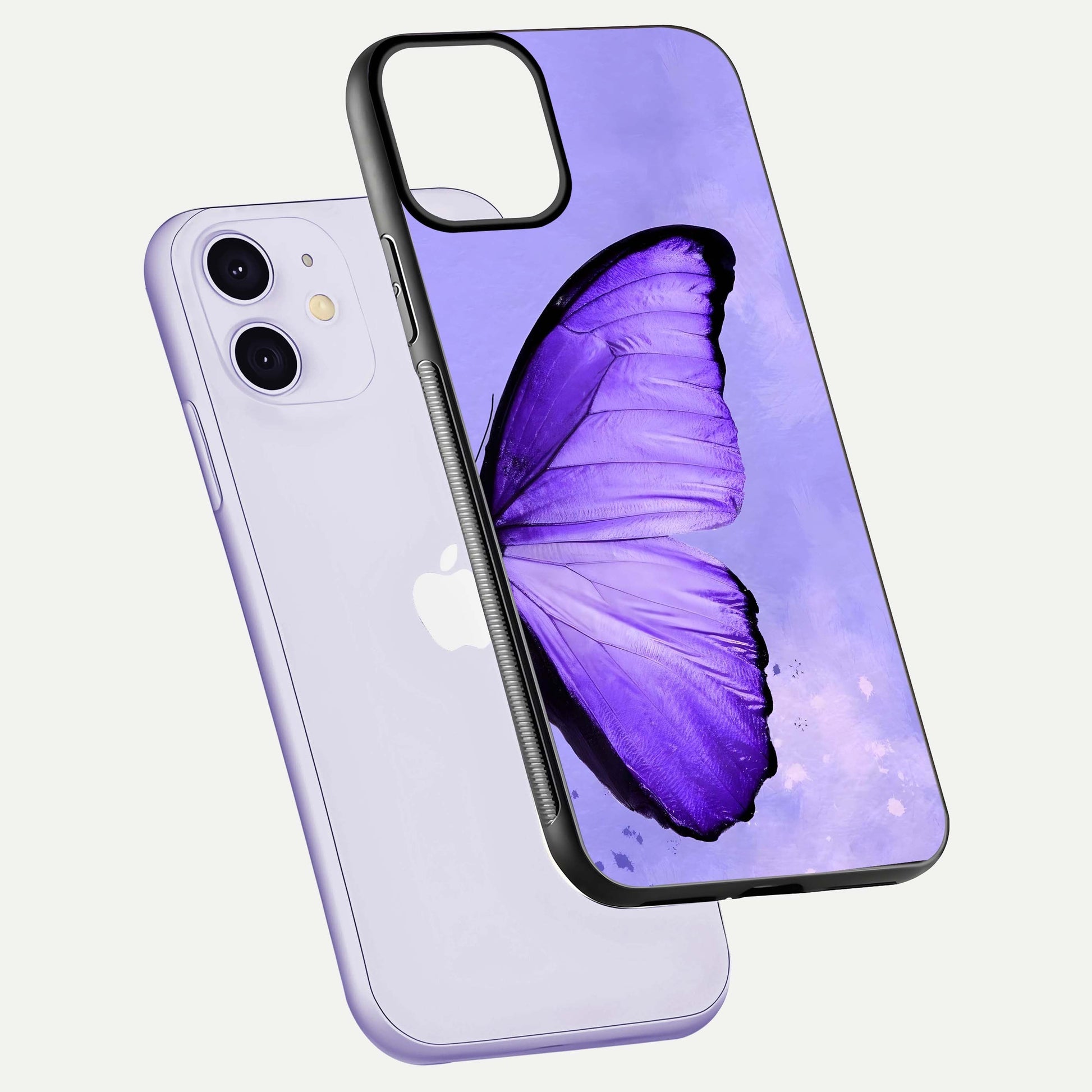 Violet Dream Wing Glass Case for iPhone 11 floating dual-view mockup displaying gloss depth and clarity