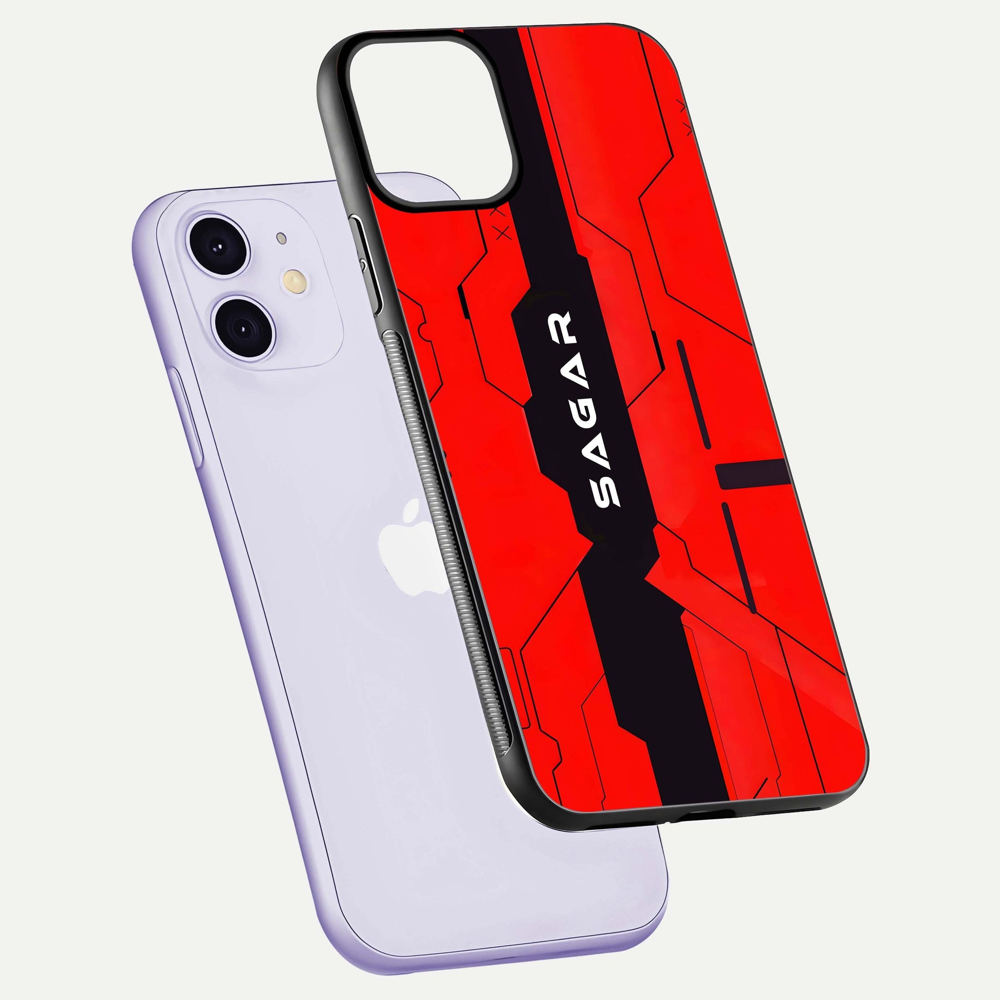 Voltage Rise CYBERPUNK Custom Name Glass Case for iPhone 11 floating dual-view mockup displaying gloss shine and lighting