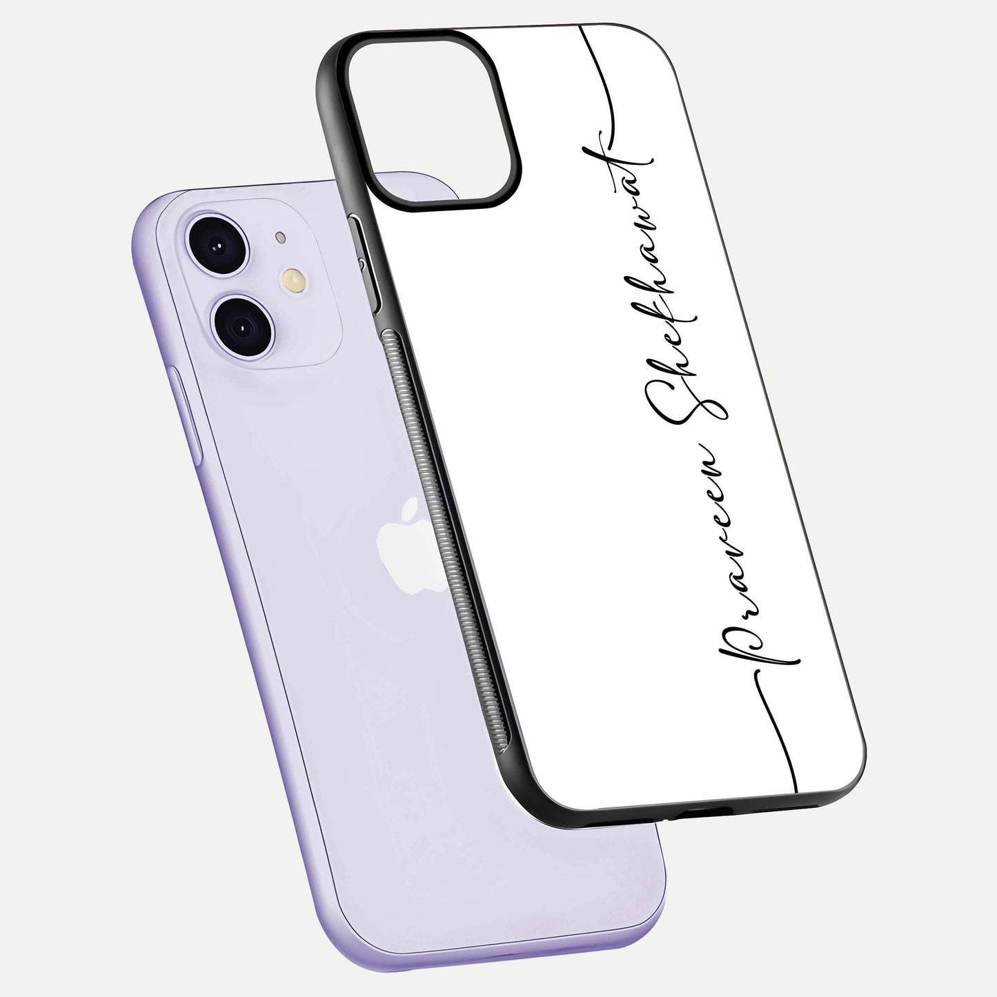 White Tune Custom Name Glass Case for iPhone 11 floating dual-view mockup displaying gloss and HD detail