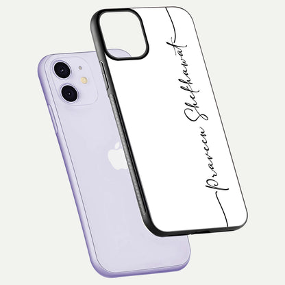 White Tune Custom Name Glass Case for iPhone 11 floating dual-view mockup displaying gloss and HD detail