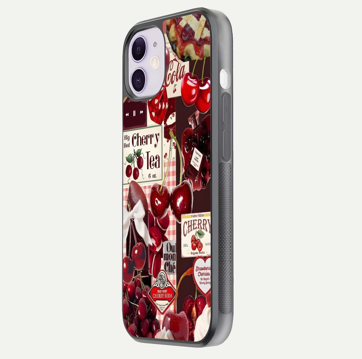 Aesthetic Cherry Tea Glass Case for iPhone 16 Pro side-angle image showing cherry collage print, camera module, and glossy finish reflection
