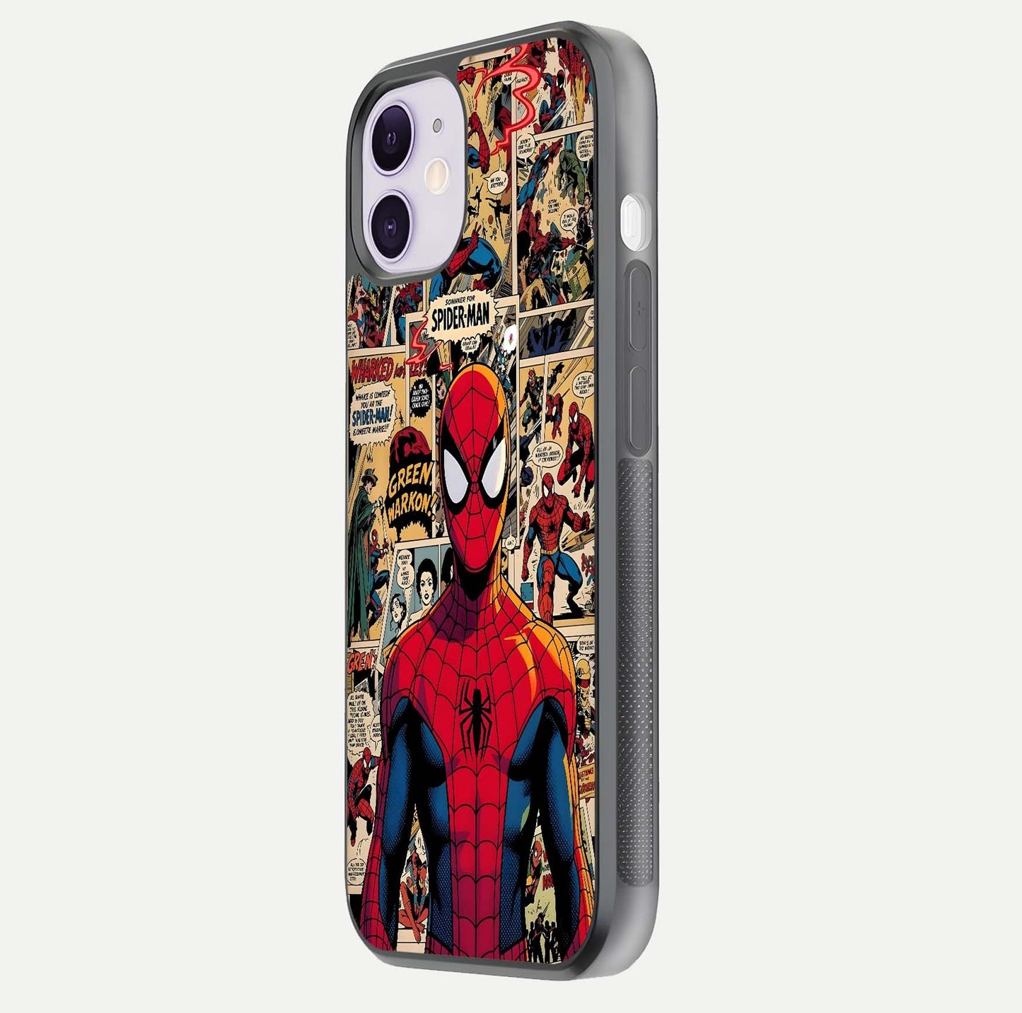 Aesthetic Spider Man Glass Case for iPhone 16 Pro side-angle image showing superhero comic print, camera module, and glossy finish reflection