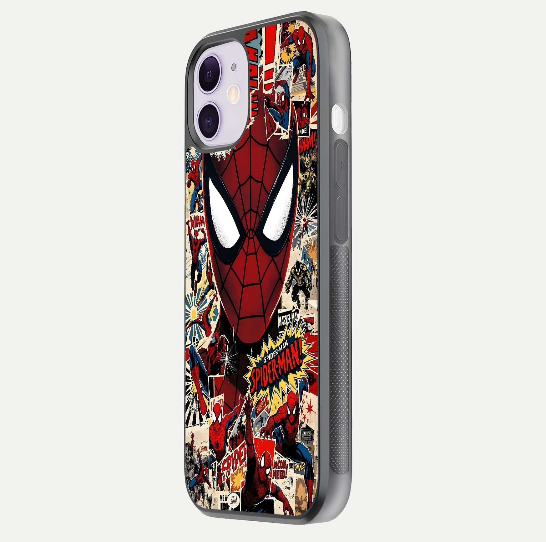 Aesthetic Wonder Spider Glass Case for iPhone 16 Pro side-angle shot showing red-blue tones and durable protective frame