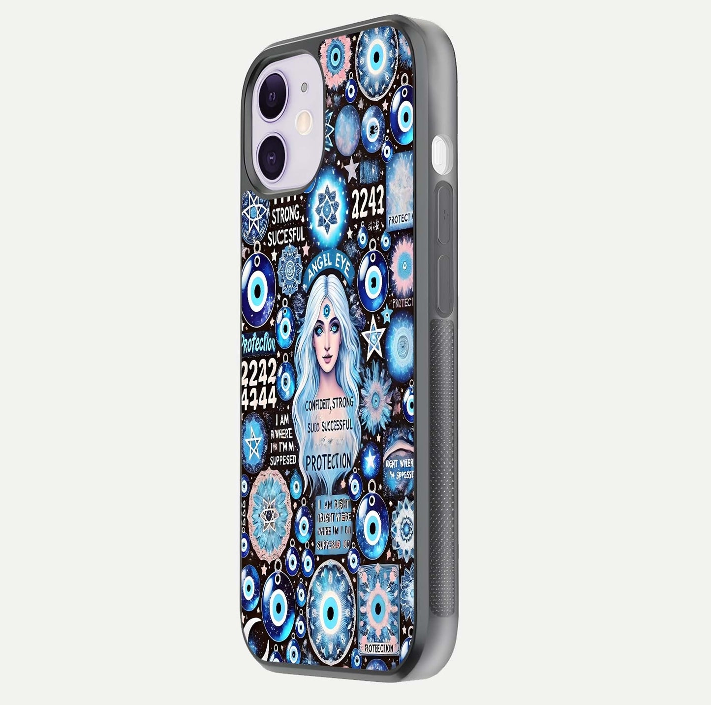 Angel Aura Shield Glass Case for iPhone 16 Pro side-angle photo showcasing aura details and glossy surface reflection