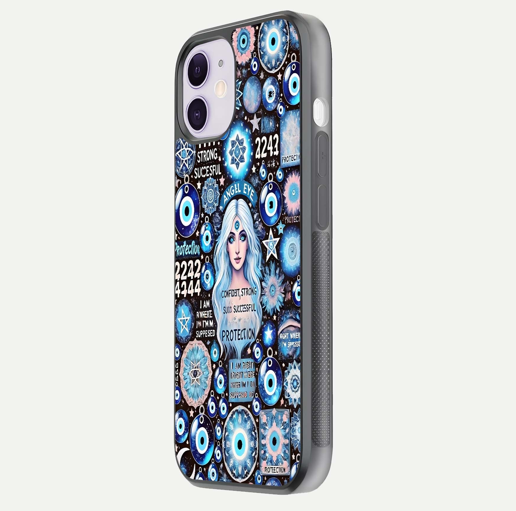 Angel Aura Shield Glass Case for iPhone 16 Pro side-angle photo showcasing aura details and glossy surface reflection