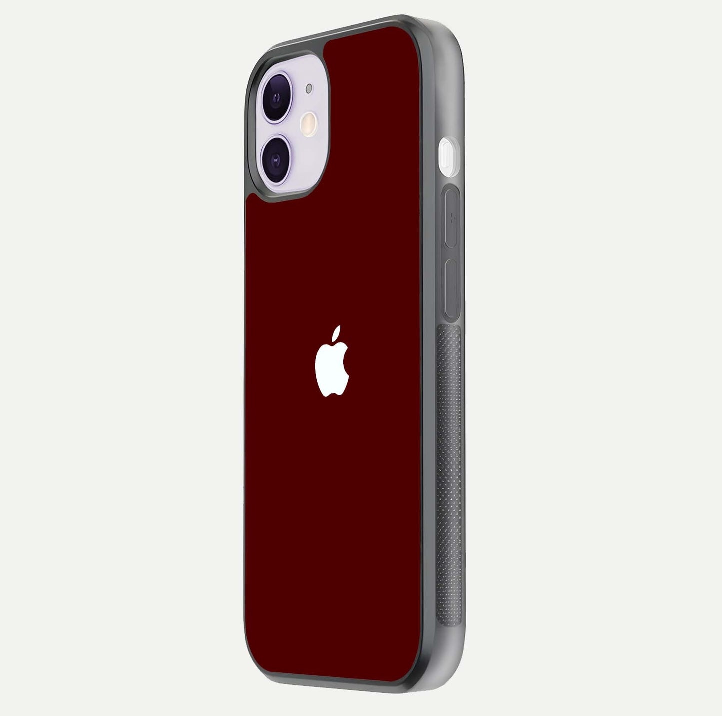 Apple Crimson Core Glass Case for iPhone 11 side-angle shot showing camera bump alignment and glossy shine