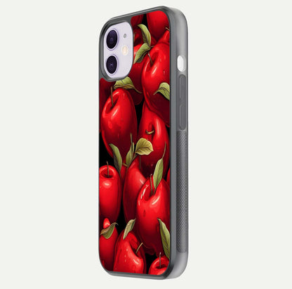 Apple Pattern Glass Case for iPhone 11 side-angle image showcasing minimalist apple print and gloss reflection