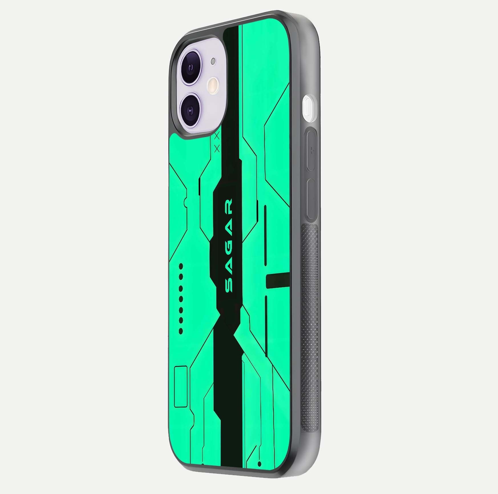 Aqua Tech CYBERPUNK Custom Name Glass Case for iPhone 11 side-angle image with glowing edges and glossy surface