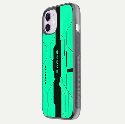 Aqua Tech CYBERPUNK Custom Name Glass Case for iPhone 11 side-angle image with glowing edges and glossy surface