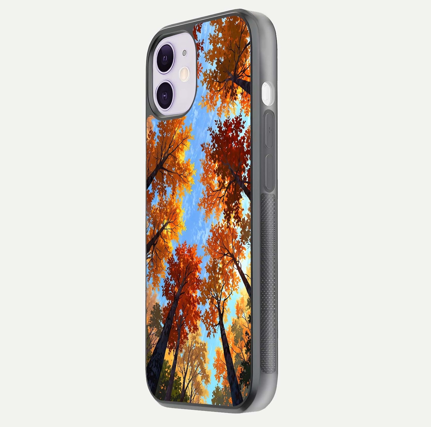 Autumn Sky Rise Glass Case for iPhone 11 side-angle showing autumn art tones and protective corners