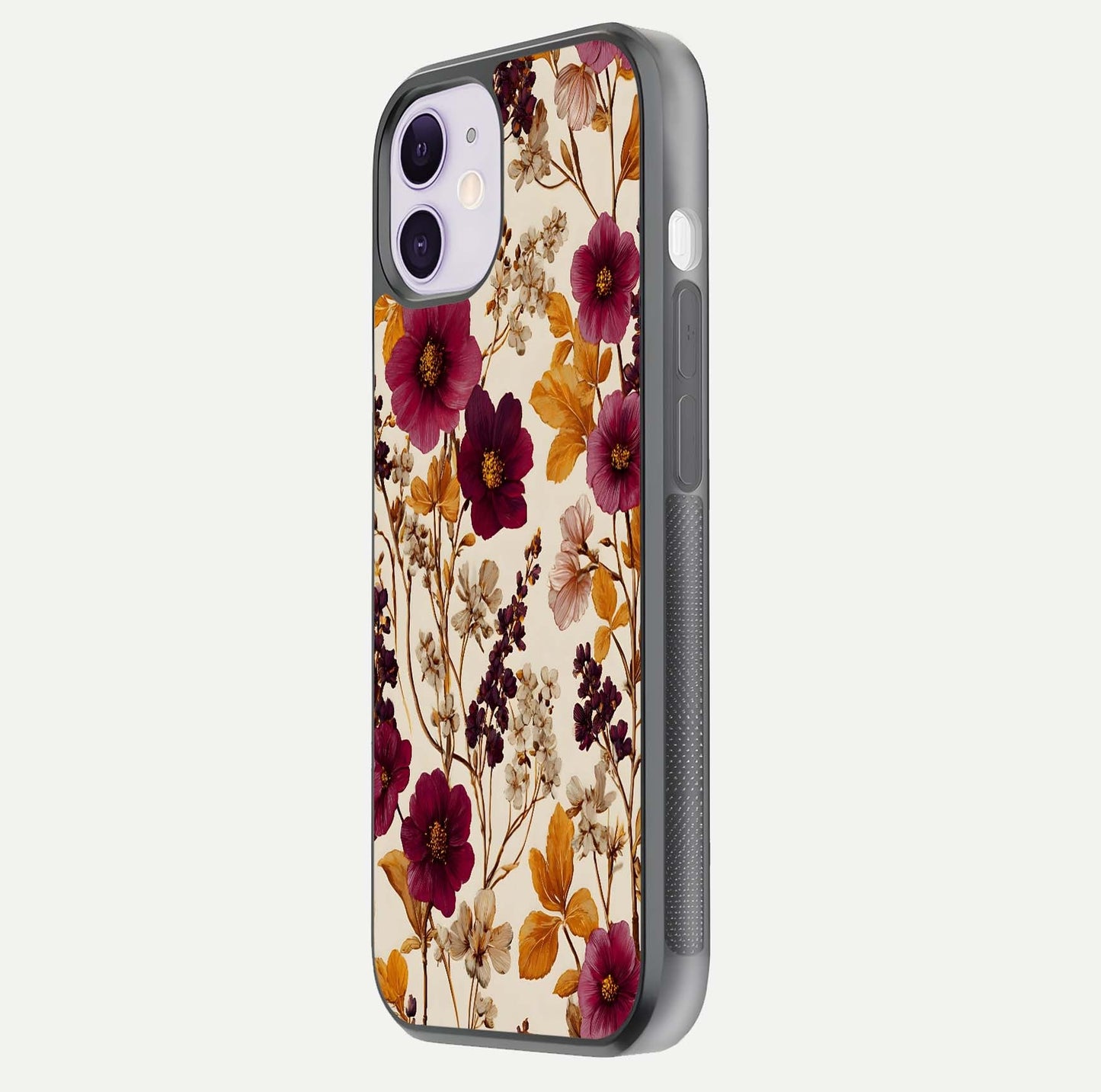 Autumn Wine Bloom Glass Case for iPhone 11 side-angle showcasing floral design, texture gloss, and camera frame