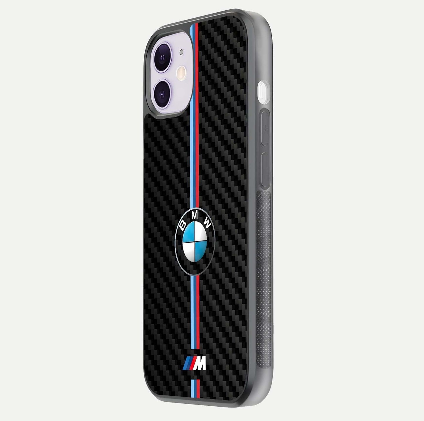 BMW Pattern Glass Case for iPhone 11 side-angle image showing edge finish and luxury car-inspired shine