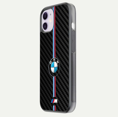 BMW Pattern Glass Case for iPhone 11 side-angle image showing edge finish and luxury car-inspired shine