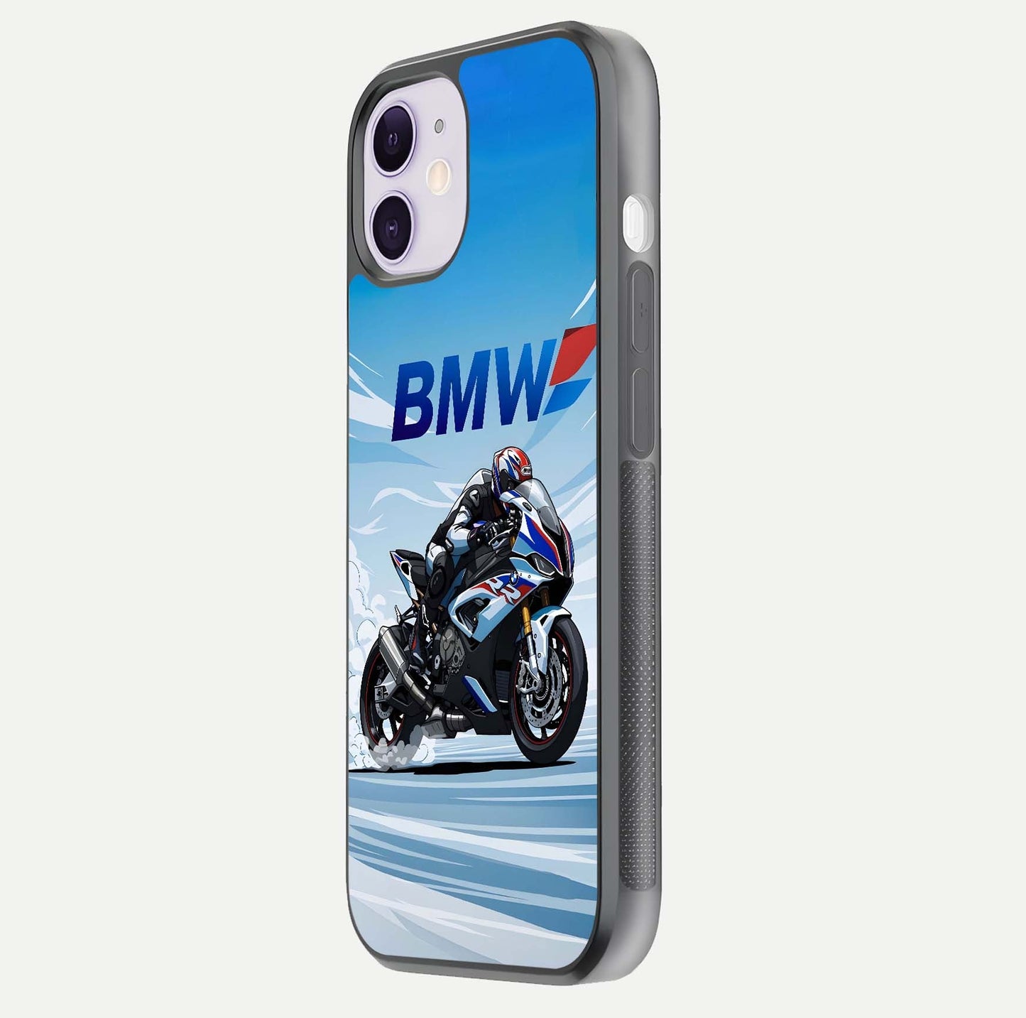 BMW Power Drift Glass Case for iPhone 11 side-angle image emphasizing smooth finish and detailed design