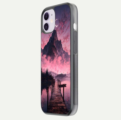 Beautyful Mountain View Glass Case for iPhone 11 side-angle image displaying mountain artwork and gloss surface