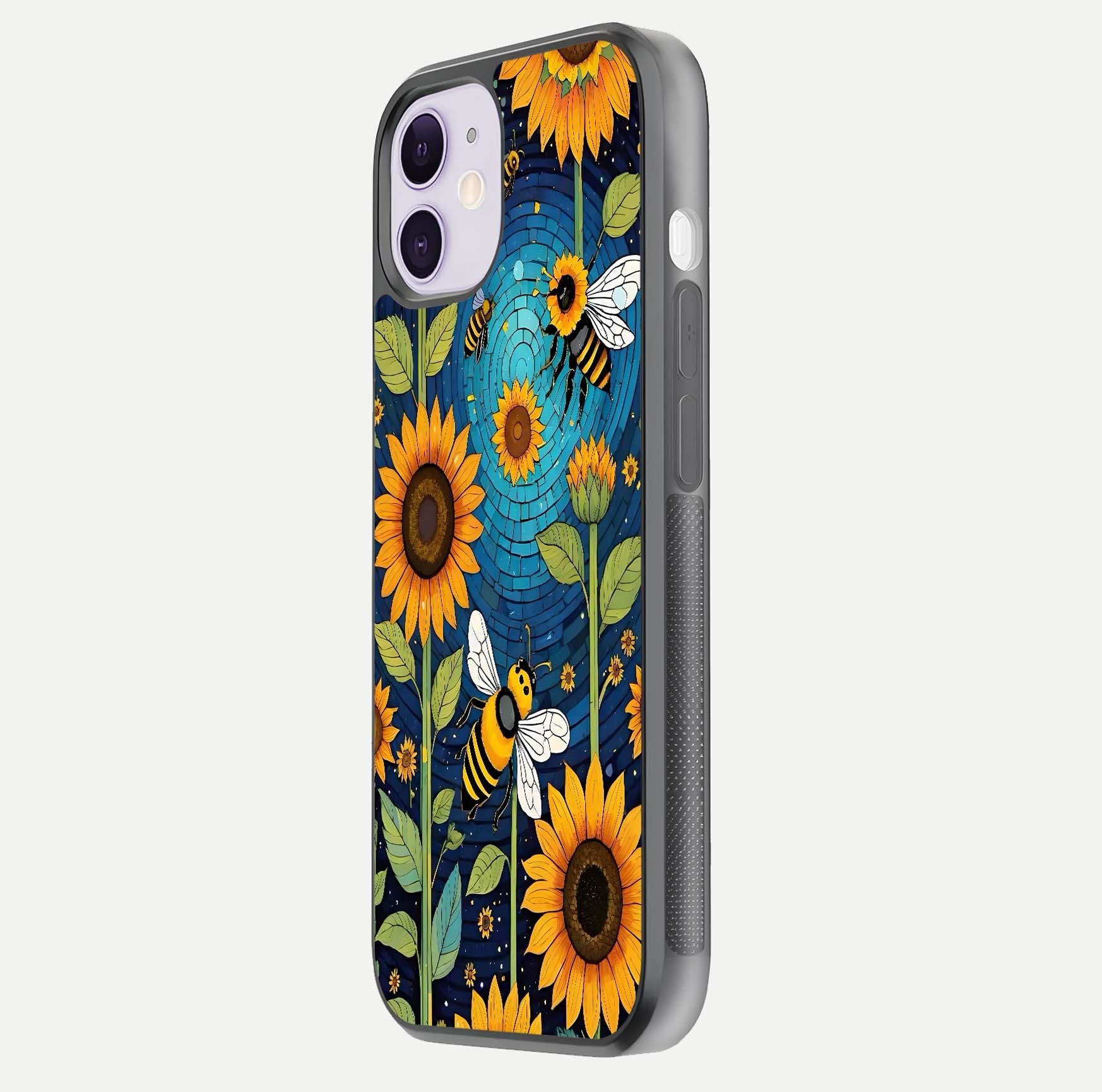 Bees & Sunflowers Glass Case for iPhone 11 side-angle image showing bee pattern alignment and shiny protective surface